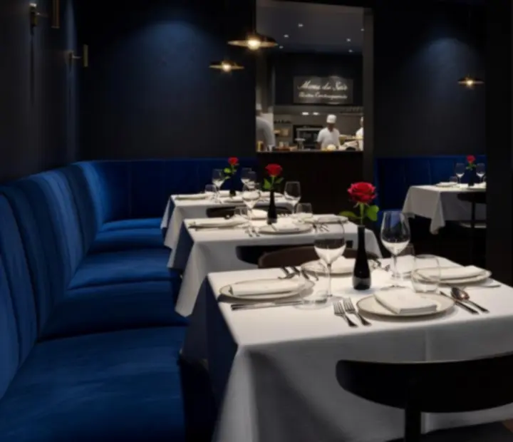 Evening interior of Ash & Ace Club with midnight tones and candlelit tables
